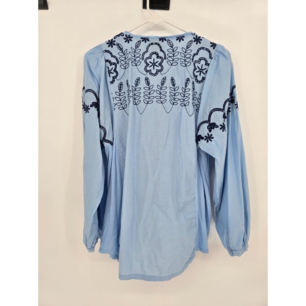 Anthropologie One September Medium Blue Paulette Embroidered Eyelet Peasant Top - Picture 5 of 5